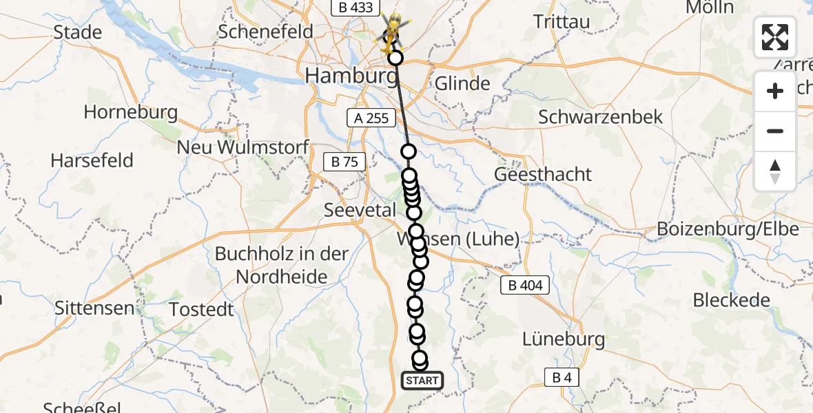 Flugroute Rettungshubschrauber Eyendorf - Hamburg Military Hospital Helipad, 13 Februar 2026, 15:06