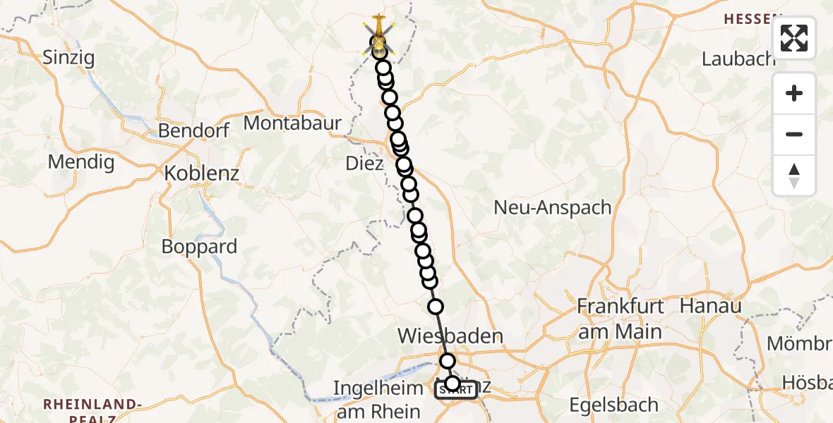 Flugroute Rettungshubschrauber Mainz University Hospital Heliport - Seck, 13 Februar 2026, 15:12