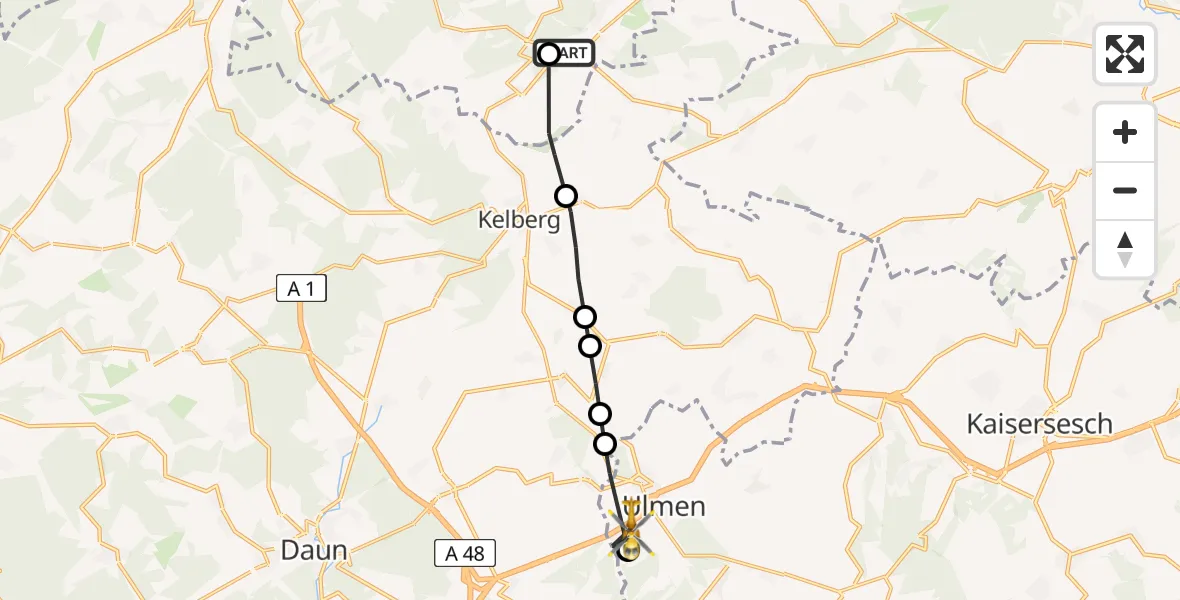 Flugroute Ambulanzhubschrauber Nürburgring Heliport - Ulmen, 13 Februar 2026, 15:20