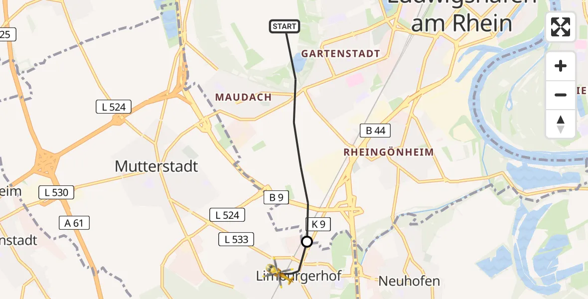 Flugroute Rettungshubschrauber Ludwigshafen am Rhein - Limburgerhof, 13 Februar 2026, 15:25