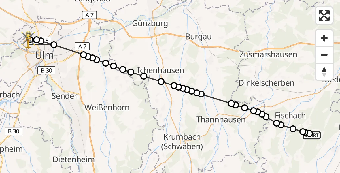 Flugroute Rettungshubschrauber Hardt - Ulm Military Hospital Emergency Heliport, 13 Februar 2026, 15:38