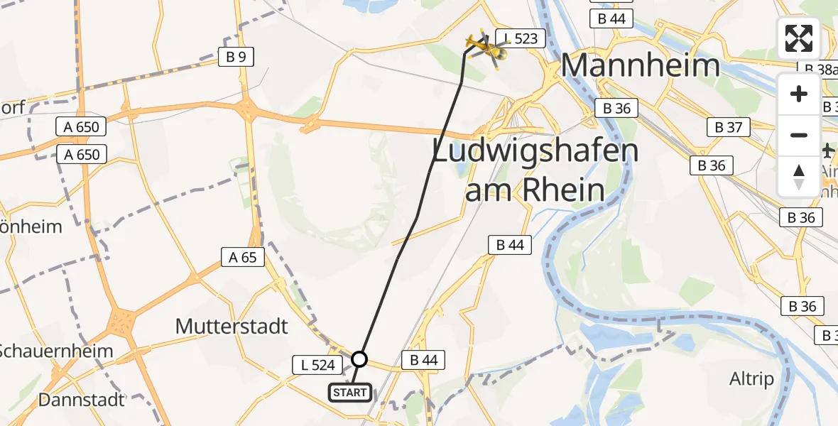 Flugroute Rettungshubschrauber Limburgerhof - Ludwigshafen am Rhein, 13 Februar 2026, 15:57