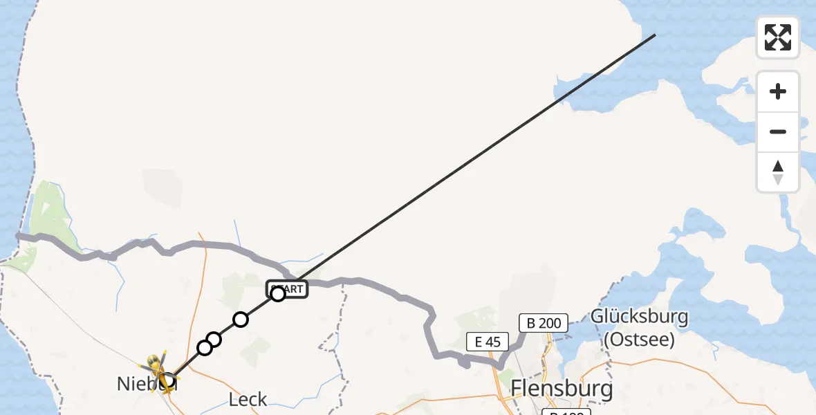Flugroute Rettungshubschrauber Ladelund - Niebüll, 13 Februar 2026, 16:08