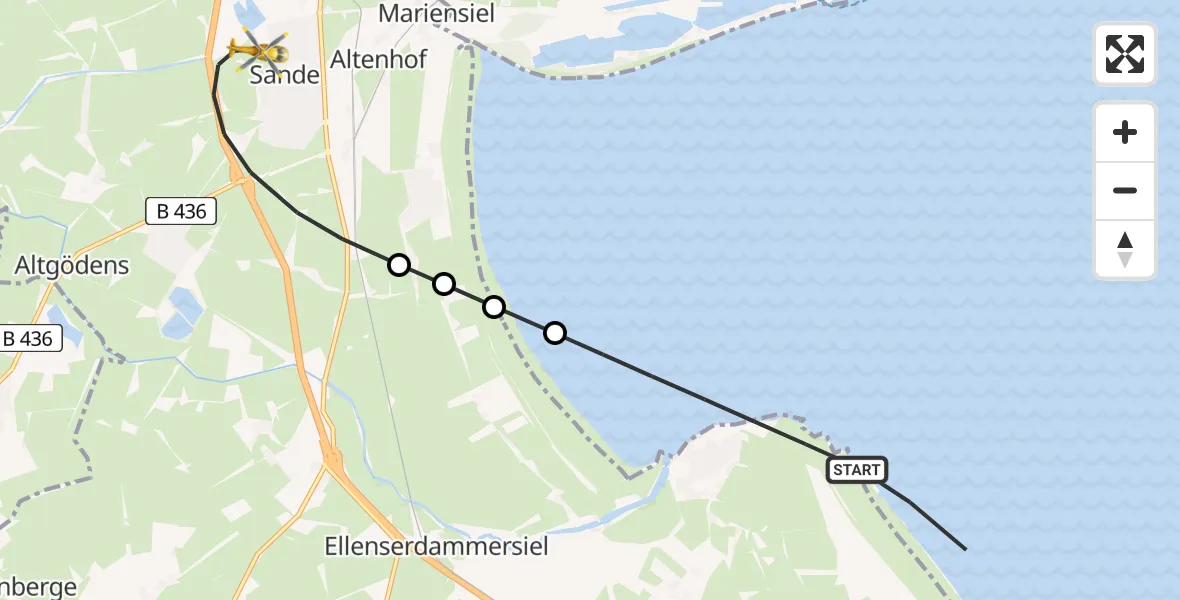 Flugroute Rettungshubschrauber Varel - Sande, 13 Februar 2026, 17:33
