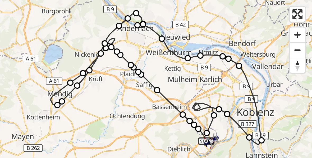 Flugroute Polizeihubschrauber Winningen - Koblenz-Winningen Airfield, 13 Februar 2026, 19:41