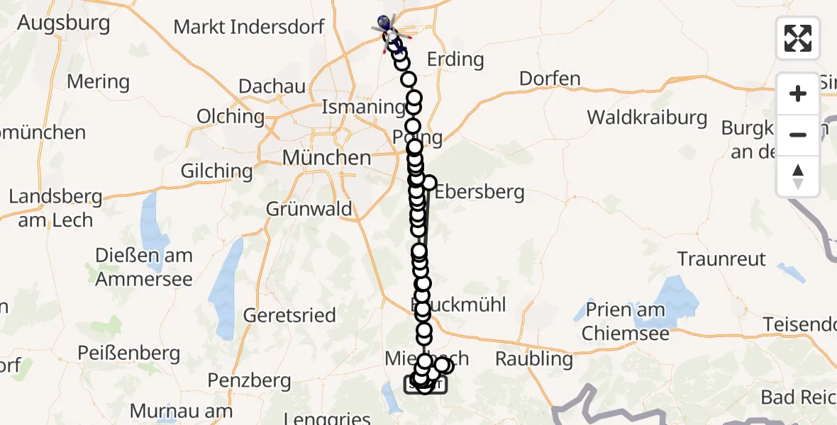 Flugroute Polizeihubschrauber Hausham - Freising, 13 Februar 2026, 20:23