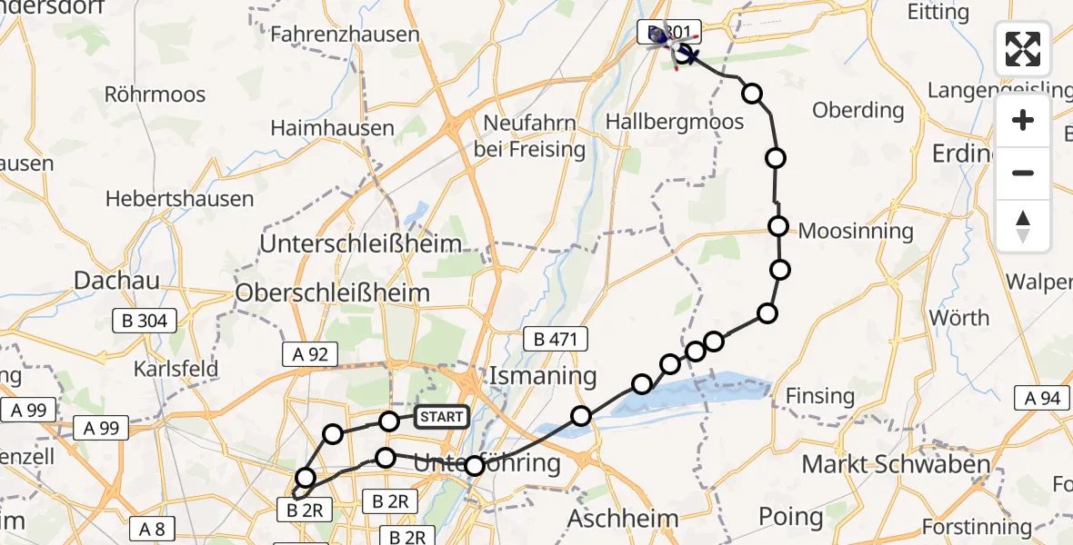 Flugroute Polizeihubschrauber Schwabing-Freimann - Freising, 13 Februar 2026, 20:31