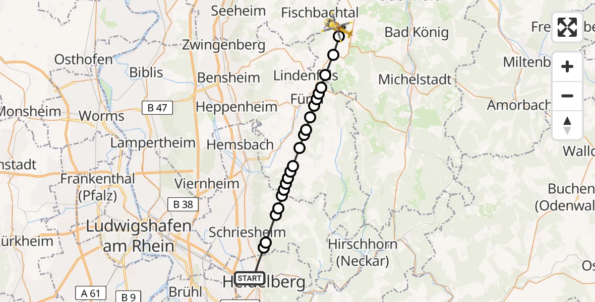 Flugroute Rettungshubschrauber Heidelberg - Fränkisch-Crumbach, 13 Februar 2026, 20:32