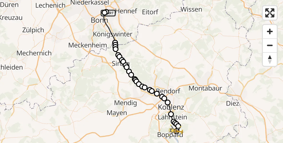 Flugroute Rettungshubschrauber Bonn-Hangelar Airfield - Boppard, 14 Februar 2026, 06:07