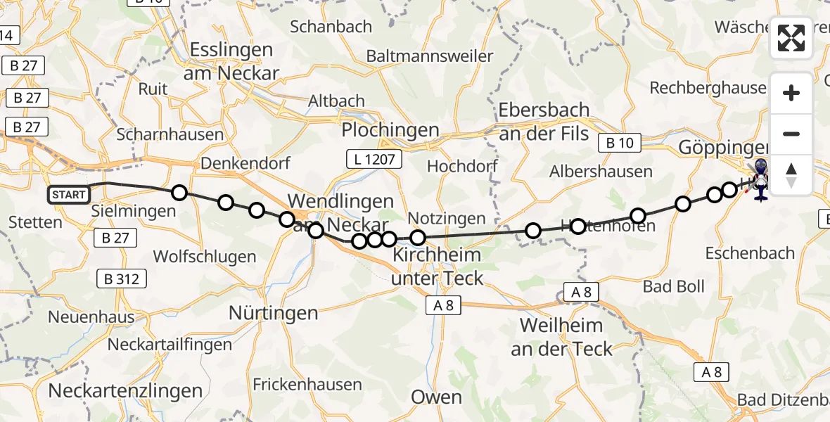 Flugroute Polizeihubschrauber Stuttgart Airport - Holzheim, 14 Februar 2026, 06:25