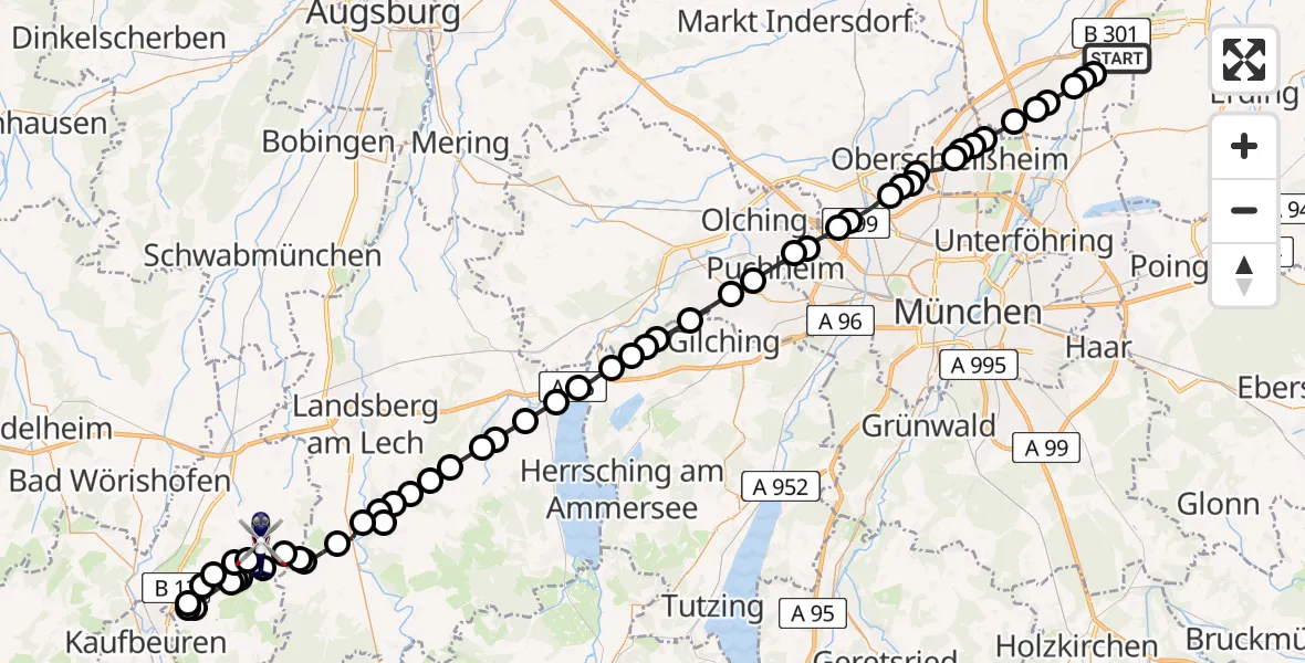 Routekaart van de vlucht: Polizeihubschrauber nach Oberostendorf