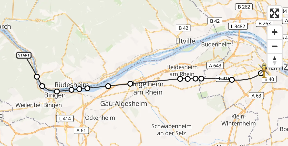 Flugroute Rettungshubschrauber Trechtingshausen - Mainz University Hospital Heliport, 14 Februar 2026, 06:38