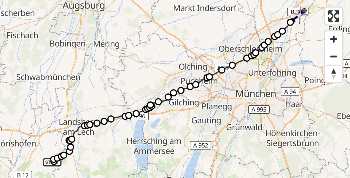 Flugroute Polizeihubschrauber Lengenfeld - Hallbergmoos, 14 Februar 2026, 07:00