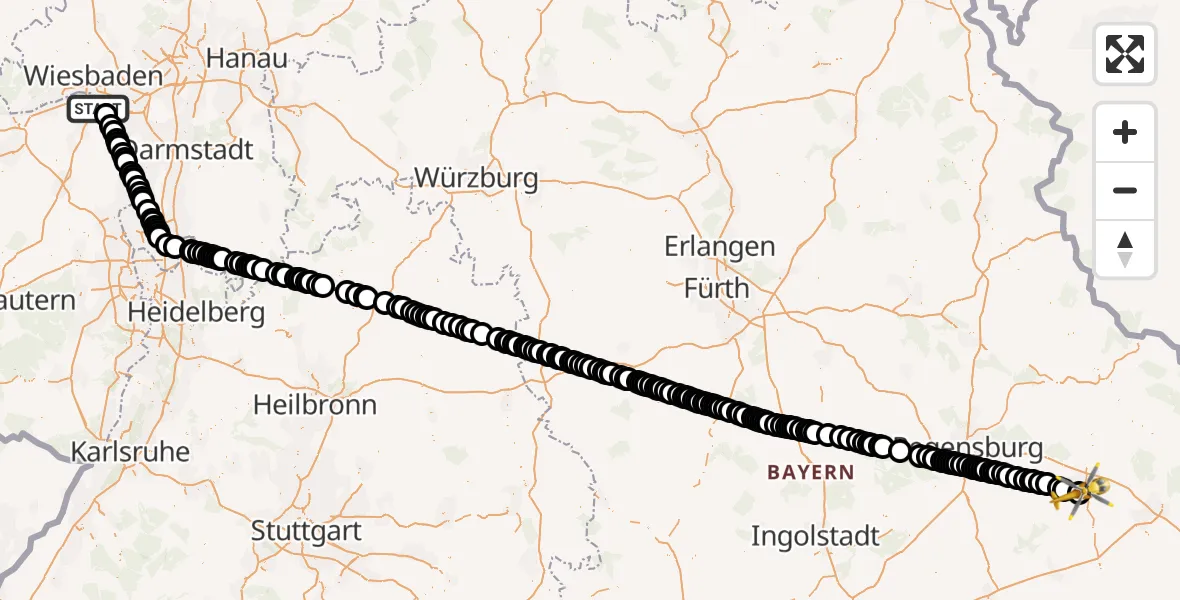 Flugroute Rettungshubschrauber Mainz - Sankt Elisabeth Hospital Straubing Heliport, 14 Februar 2026, 07:11