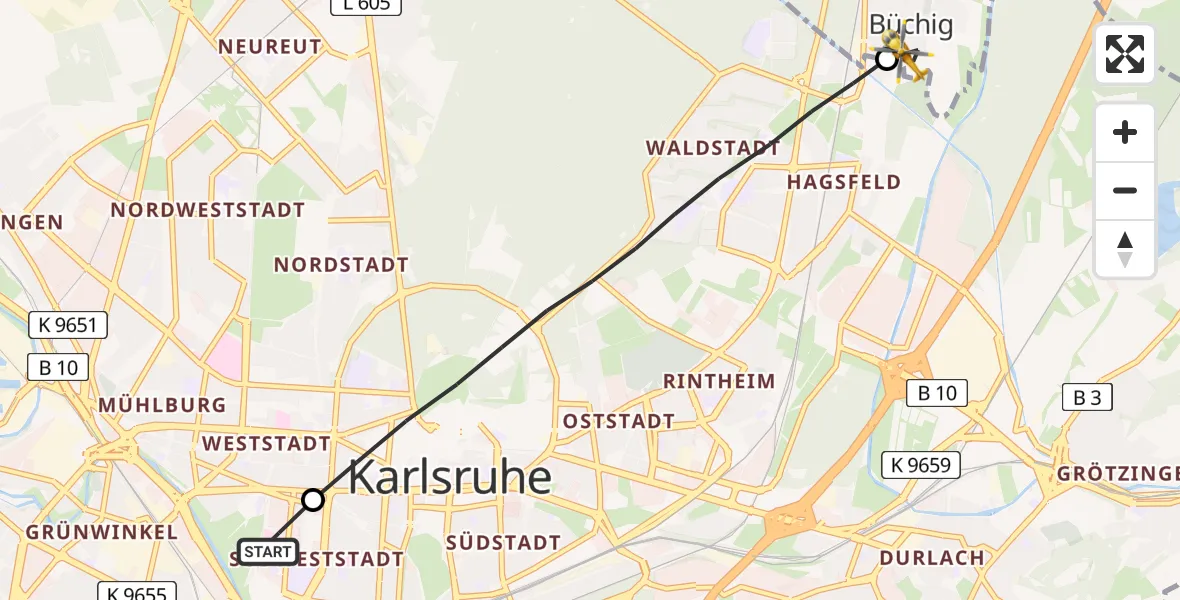 Flugroute Rettungshubschrauber Sankt Vincentius Hospital Heliport - Büchig, 14 Februar 2026, 07:28