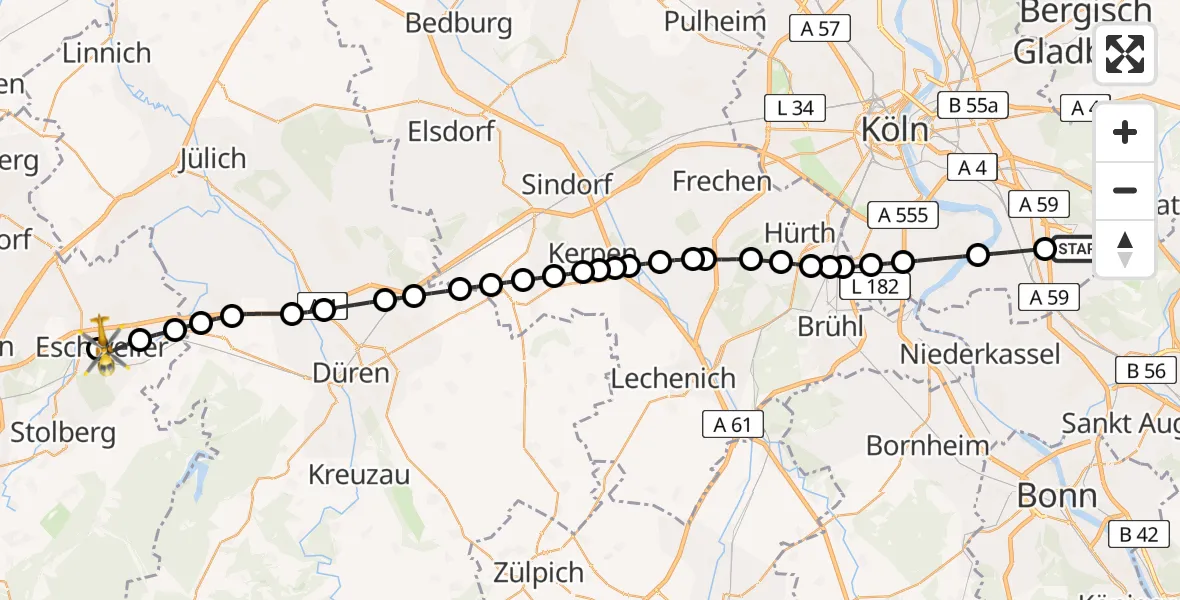 Flugroute Ambulanzhubschrauber Cologne Bonn Airport - Eschweiler, 14 Februar 2026, 07:40