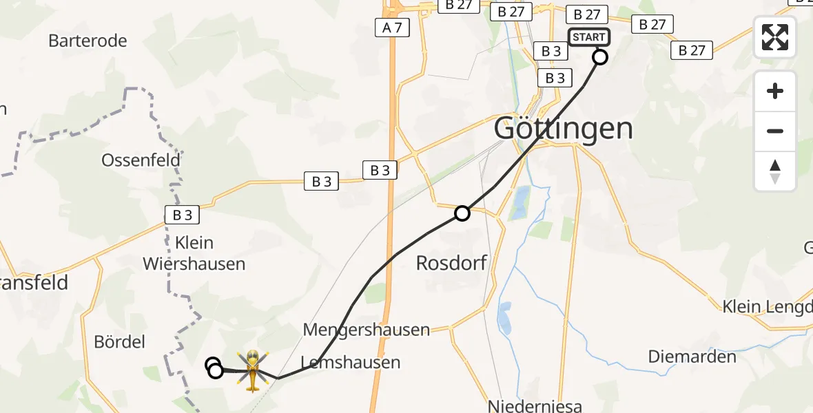 Flugroute Rettungshubschrauber Göttingen University Clinic Heliport - Rosdorf, 14 Februar 2026, 07:46