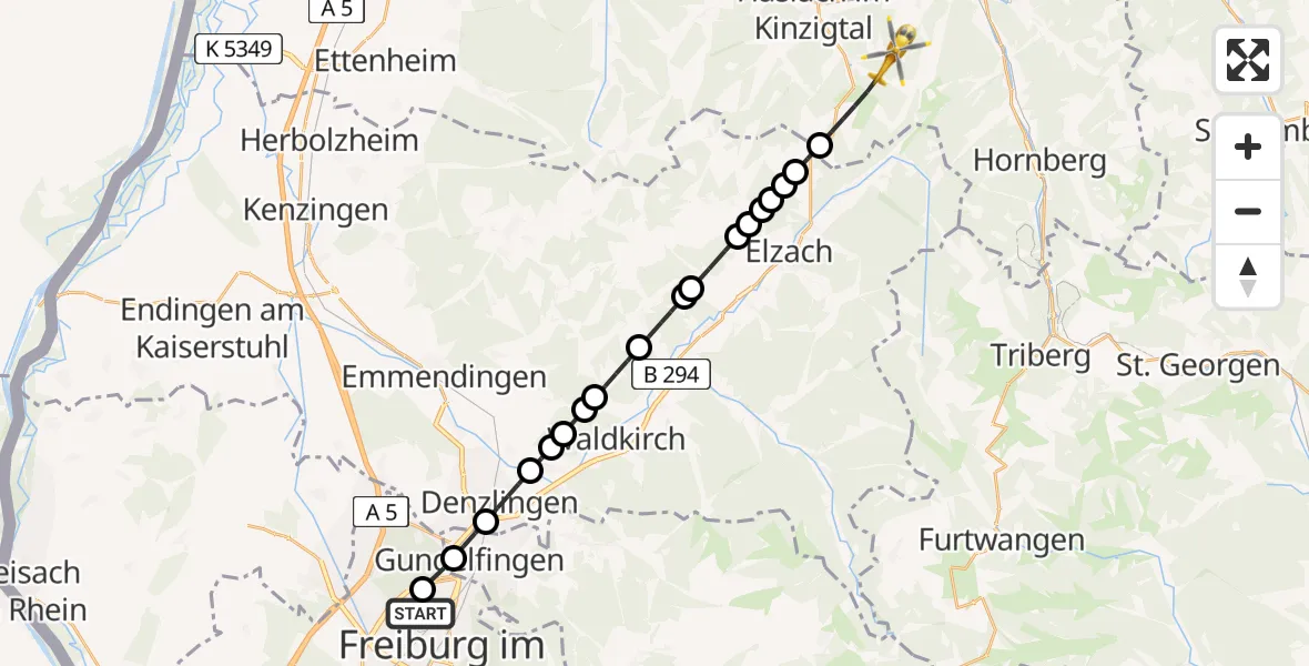 Flugroute Rettungshubschrauber Freiburg im Breisgau Airfield - Mühlenbach, 14 Februar 2026, 08:00