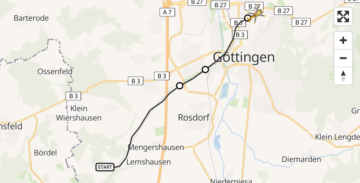 Flugroute Rettungshubschrauber Rosdorf - Göttingen University Clinic Heliport, 14 Februar 2026, 08:04