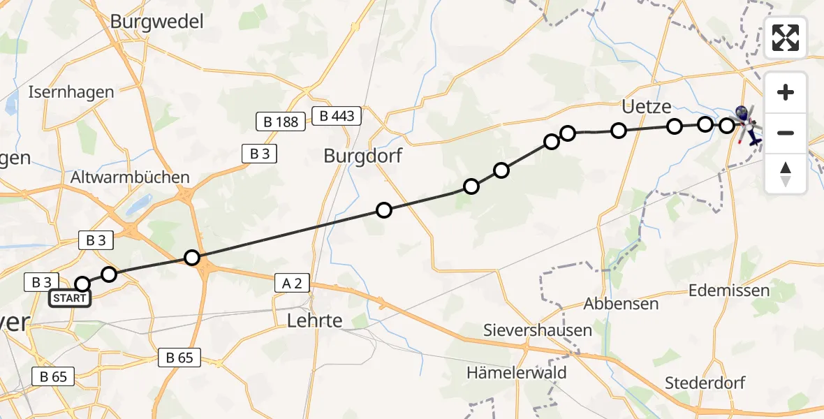 Flugroute Polizeihubschrauber Hannover Air Rescue Heliport (Christoph 4) - Eltze, 14 Februar 2026, 08:11