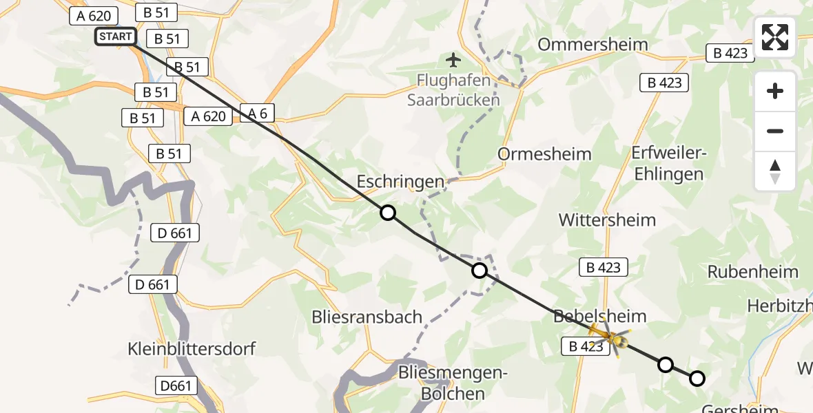 Flugroute Rettungshubschrauber Saarbrücken - Bebelsheim, 14 Februar 2026, 08:14