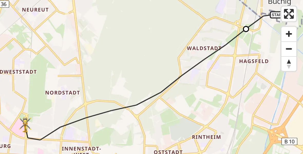 Flugroute Rettungshubschrauber Büchig - Karlsruhe, 14 Februar 2026, 08:19