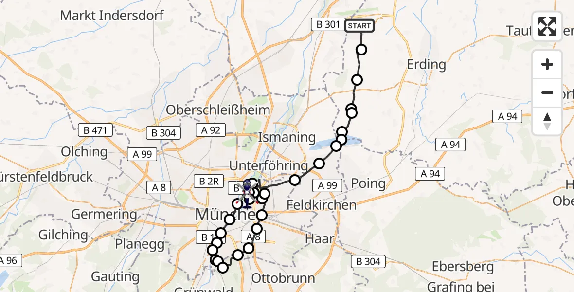 Flugroute Polizeihubschrauber Munich Airport - Schwabing-Freimann, 14 Februar 2026, 08:24