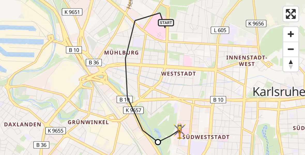 Flugroute Rettungshubschrauber Karlsruhe - Sankt Vincentius Hospital Heliport, 14 Februar 2026, 08:42