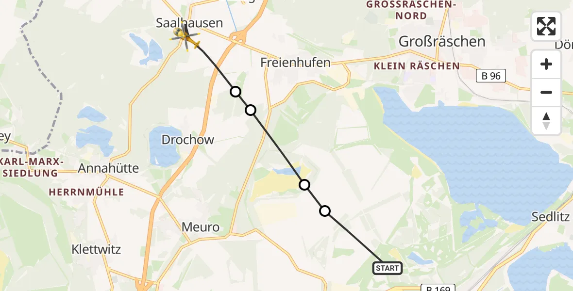 Flugroute Ambulanzhubschrauber Senftenberg - Großräschen, 14 Februar 2026, 08:57