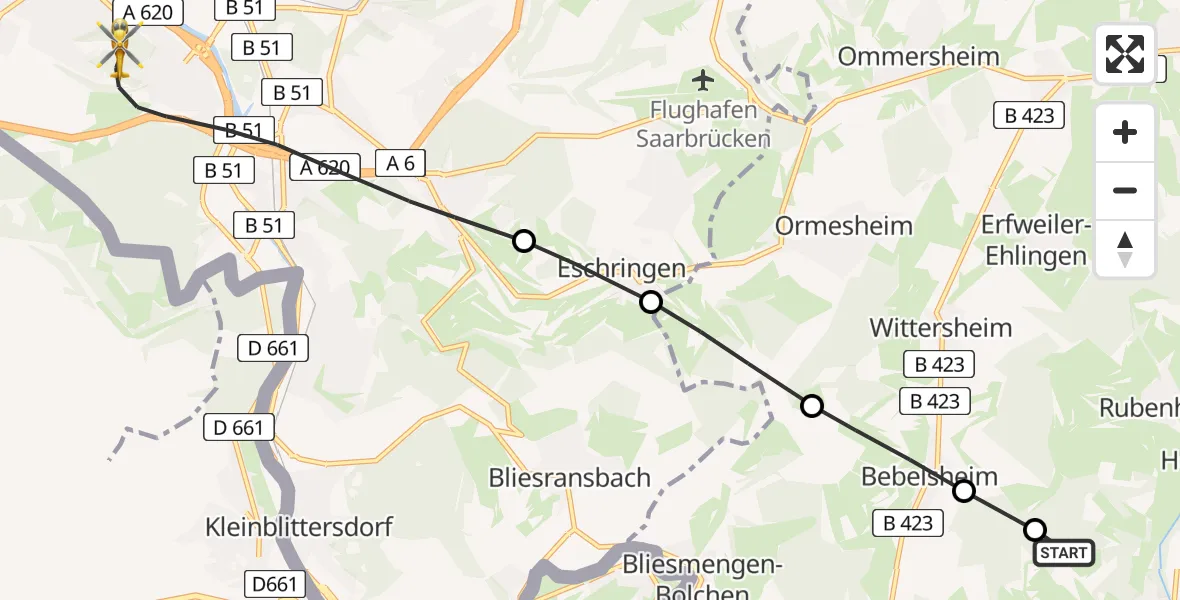 Flugroute Rettungshubschrauber Gersheim - Saarbrücken, 14 Februar 2026, 09:06