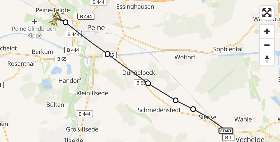 Flugroute Rettungshubschrauber Vechelde - Peine-Telgte, 14 Februar 2026, 09:32