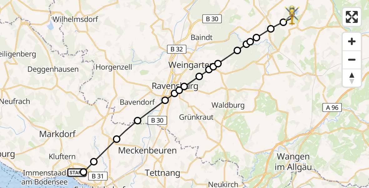 Flugroute Rettungshubschrauber Friedrichshafen Hospital Heliport - Eintürnen, 14 Februar 2026, 09:40