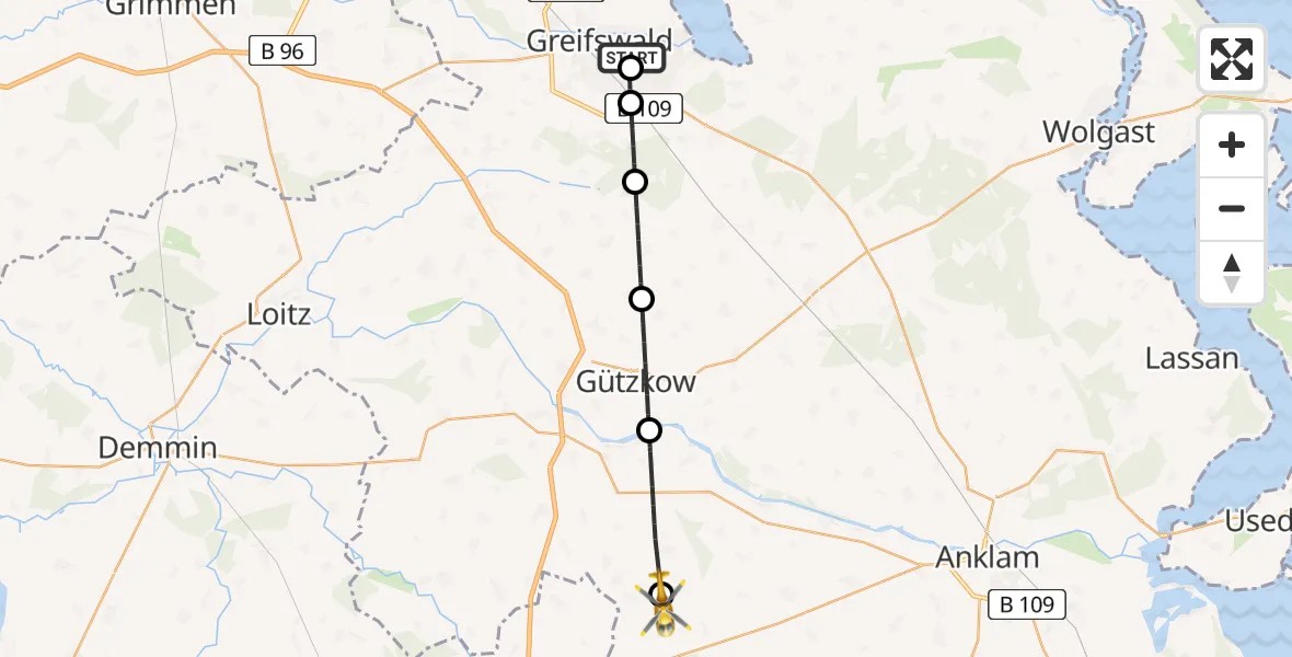 Flugroute Rettungshubschrauber Greifswald Hospital Heliport - Krien, 14 Februar 2026, 09:51
