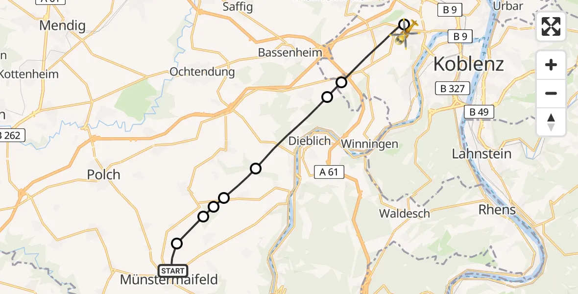 Flugroute Rettungshubschrauber Metternich - Koblenz, 14 Februar 2026, 10:05