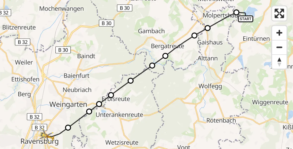 Flugroute Rettungshubschrauber Eintürnen - Sankt Elisabeth Hospital Heliport, 14 Februar 2026, 10:12