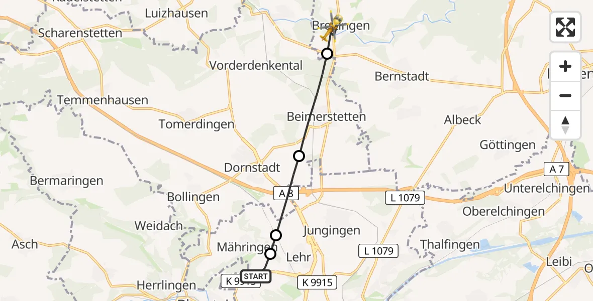 Flugroute Rettungshubschrauber ADAC Air Rescue Station Ulm (Christoph 22) - Breitingen, 14 Februar 2026, 10:13