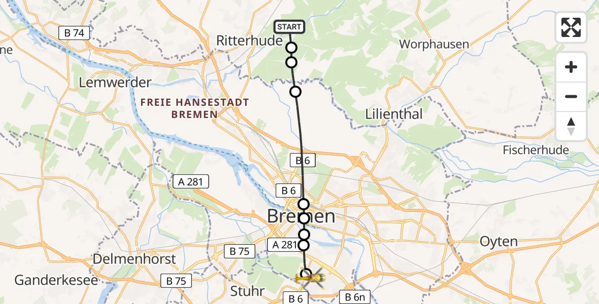 Flugroute Rettungshubschrauber Osterholz-Scharmbeck - ADAC Air Rescue Station Bremen Heliport (Christoph 6), 14 Februar 2026, 10:17