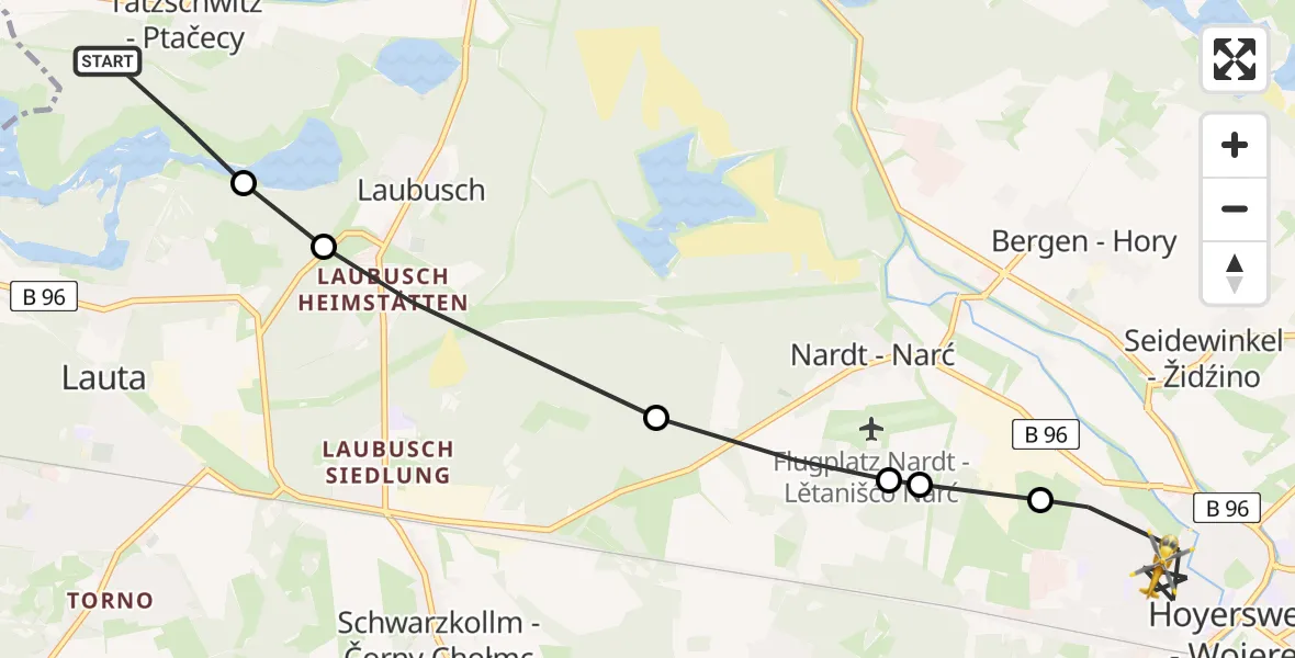 Flugroute Rettungshubschrauber Tätzschwitz - Hoyerswerda, 14 Februar 2026, 10:18