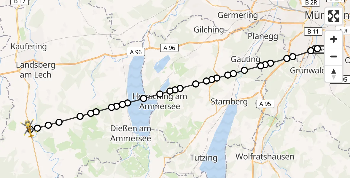 Flugroute Rettungshubschrauber ADAC Air Rescue Center Heliport (Christoph 1) - Seestall, 14 Februar 2026, 10:29