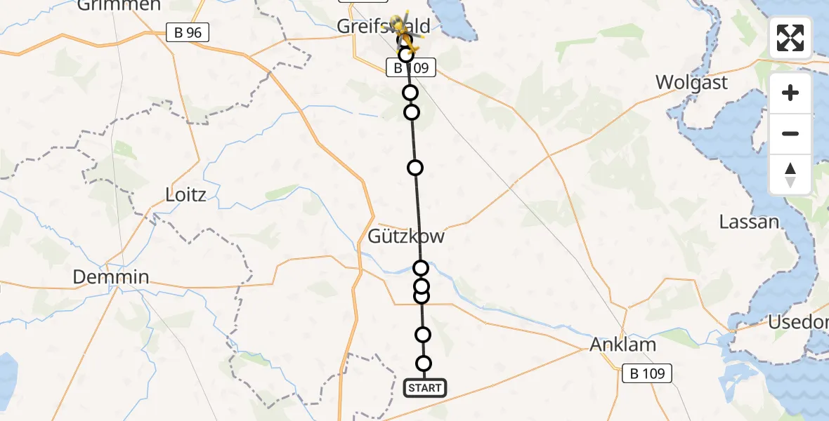 Flugroute Rettungshubschrauber Krien - Greifswald Hospital Heliport, 14 Februar 2026, 10:33