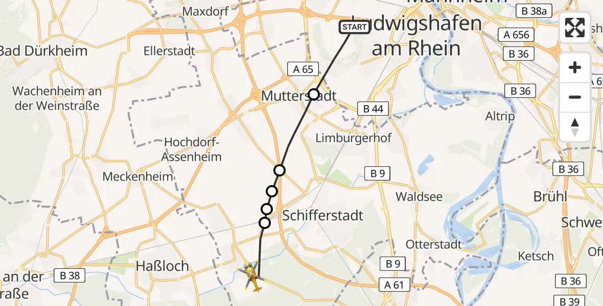 Flugroute Rettungshubschrauber Ludwigshafen am Rhein - Böhl-Iggelheim, 14 Februar 2026, 10:34