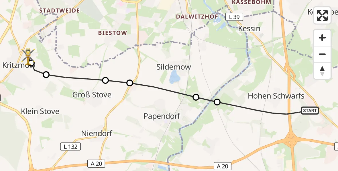 Flugroute Ambulanzhubschrauber Hohen Schwarfs - Kritzmow, 14 Februar 2026, 10:34