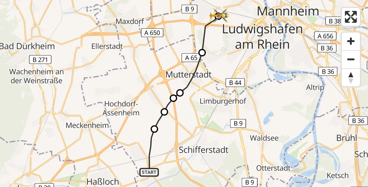 Flugroute Rettungshubschrauber Böhl-Iggelheim - Ludwigshafen Accident Hospital Heliport, 14 Februar 2026, 11:00