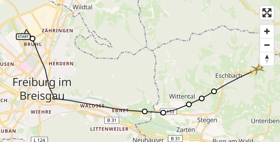 Flugroute Rettungshubschrauber Freiburg im Breisgau Airfield - Eschbach, 14 Februar 2026, 11:02