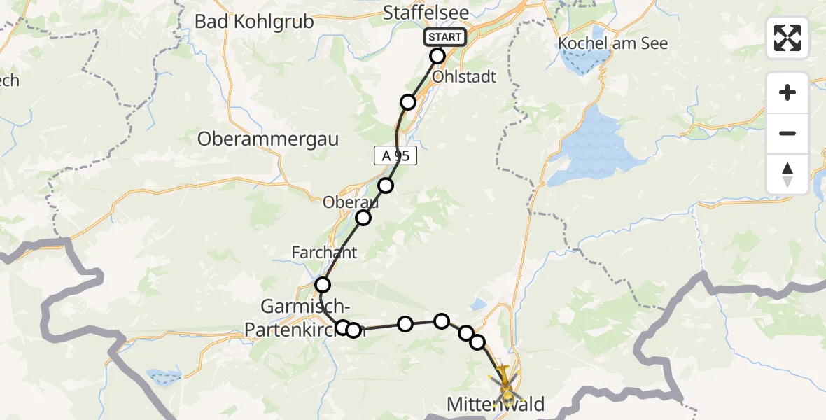 Flugroute Rettungshubschrauber Hechendorf - Mittenwald, 14 Februar 2026, 11:36