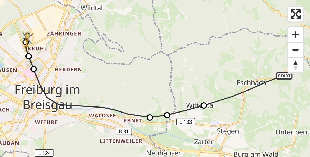 Flugroute Rettungshubschrauber Eschbach - Freiburg im Breisgau Airfield, 14 Februar 2026, 11:46