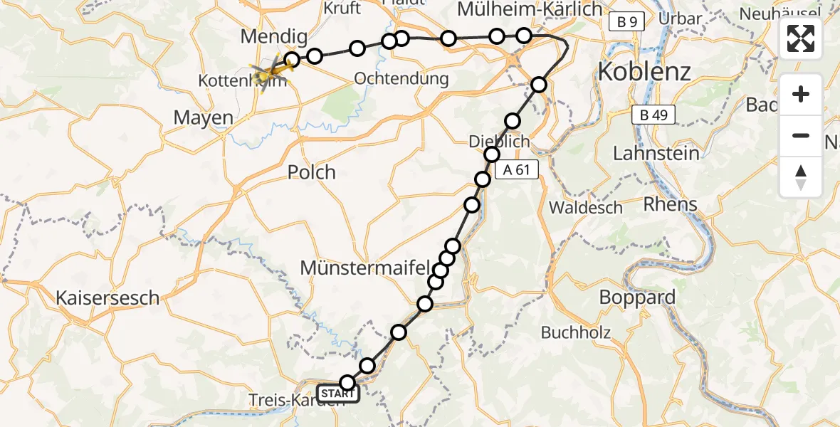 Flugroute Rettungshubschrauber Treis-Karden - Thür, 14 Februar 2026, 11:58
