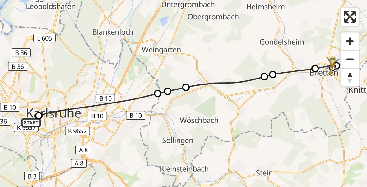 Flugroute Rettungshubschrauber Sankt Vincentius Hospital Heliport - Bretten, 14 Februar 2026, 12:04