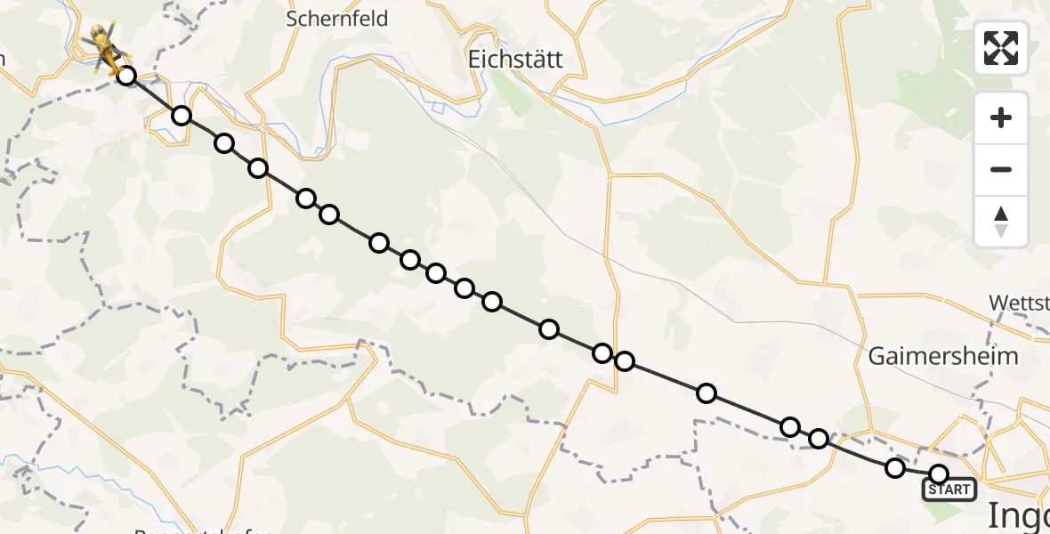 Flugroute Rettungshubschrauber Ingolstadt Hospital Heliport - Solnhofen, 14 Februar 2026, 12:14