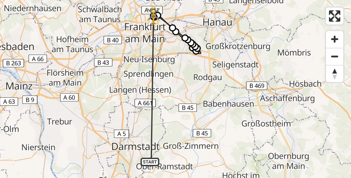 Flugroute Rettungshubschrauber Traisa - Frankfurt am Main Accident Hospital Roof Helipad (CHX2), 14 Februar 2026, 12:14